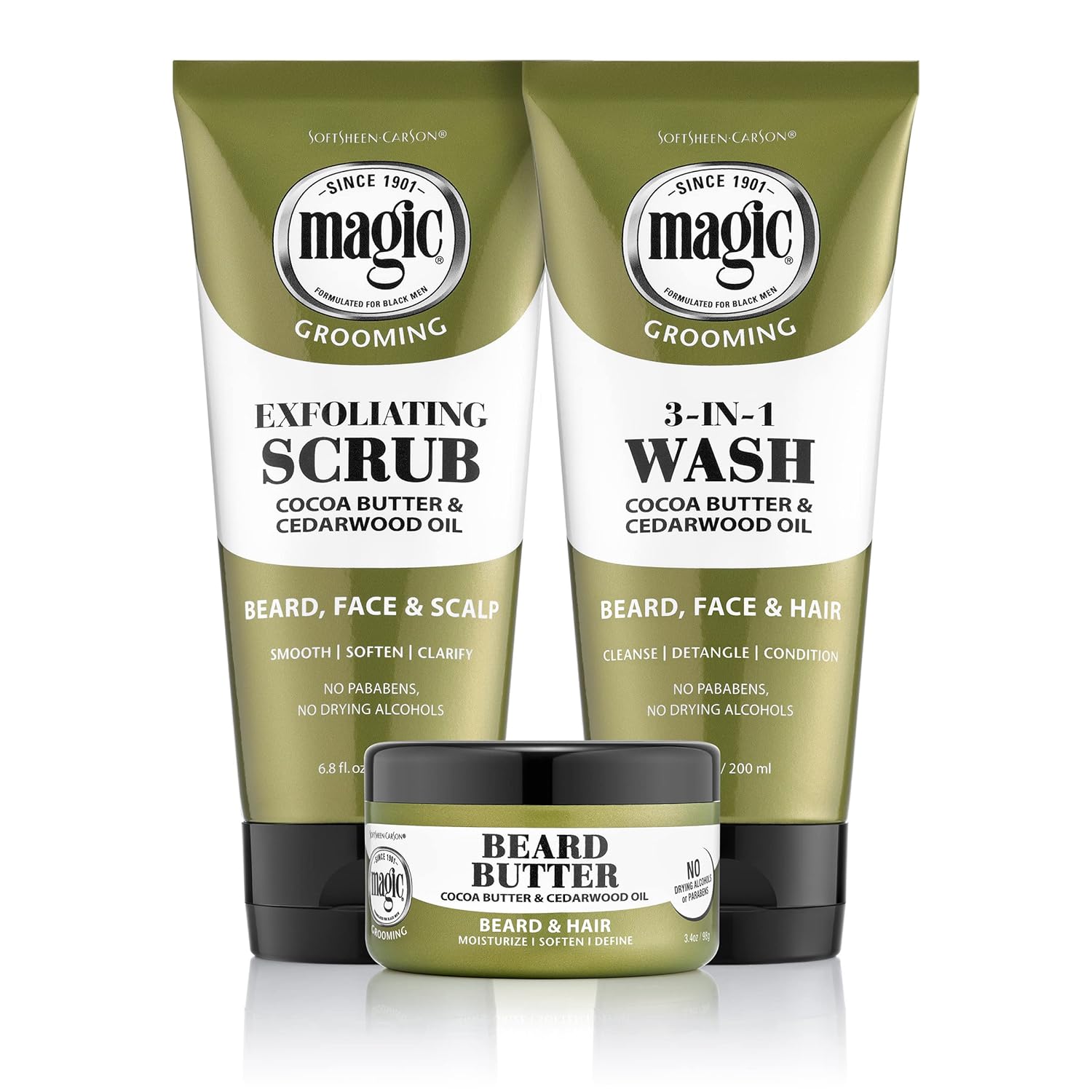 Softsheen-Carson Magic - Shaving Beard Grooming Kit for Men with Cedarwood Oil- Beard Butter, Scrub and Cleanser- Gift Set for Beard, Face & Hair Care, 1 kit