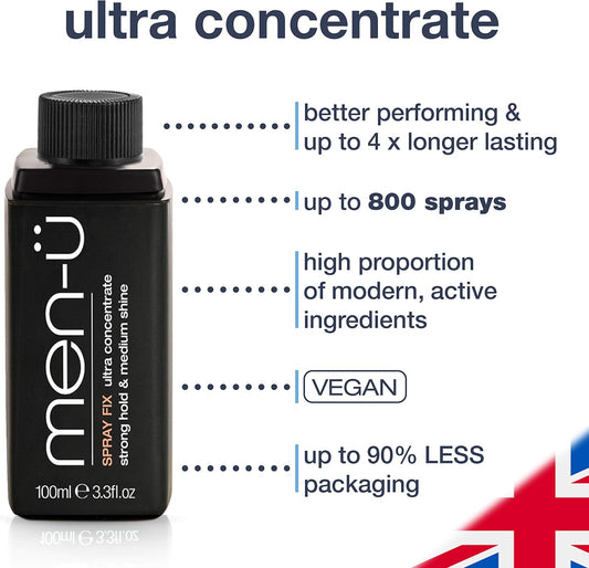 Men-U Mens Hair Spray Fix 100Ml – Hair Gel Spray, High Hold And Medium Shine. Root Lift With Hold To Create Volume – Ultra Concentrate, Longer Lasting. Hairspray Men, 100Ml Bottle Refill