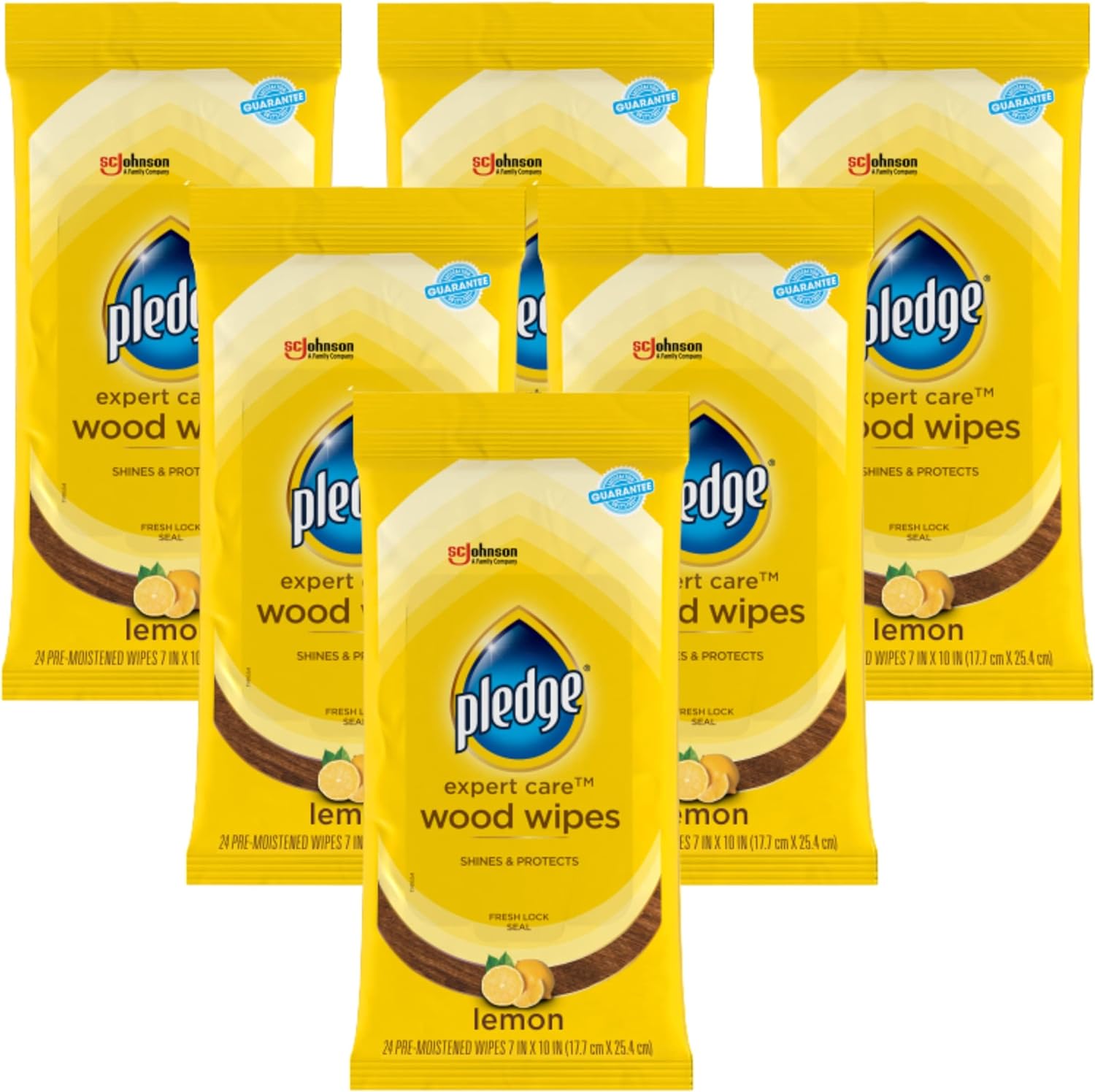 Pledge Expert Care Wood Wipes, Shines and Protects, Removes Fingerprints, Lemon Scent, 24 Count (Pack of 6)