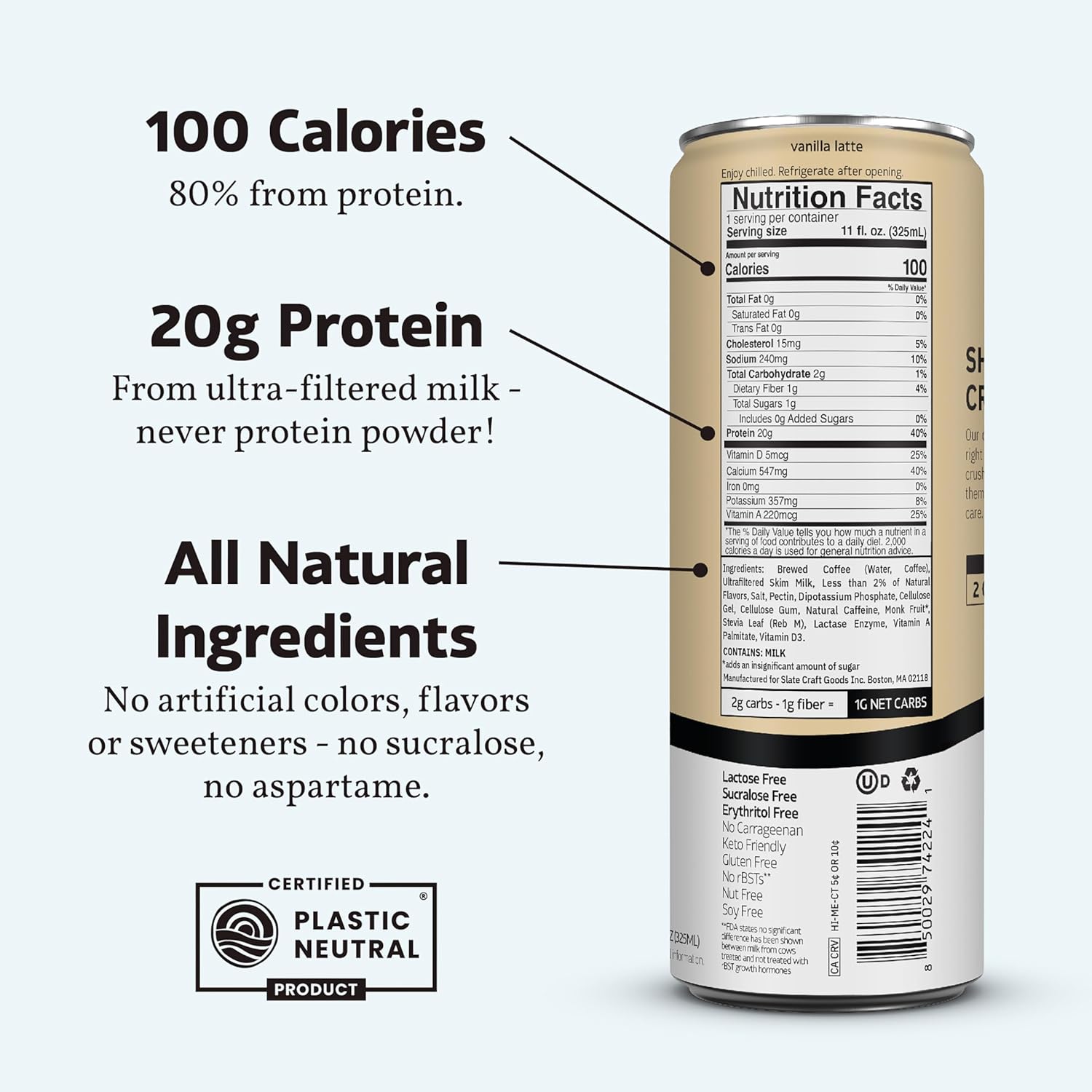 Slate Milk - High Protein Iced Coffee - Vanilla Latte - 175Mg Caffeine, Lactose Free Energy - 20G Protein, 1G Sugar, 100 Calories, 1G Net Carbs, No Sugar Added - Protein Coffee - 11 Fl Oz, 12 Cans