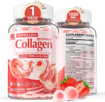 Sugar-Free Hydrolyzed Collagen Peptide Filled Gummies,Extra Strength 1500Mg Protein Type I,Ii,Iii,V,X With 5000Mcg Biotin Vitamin C A E D3 B6 B12 For Immune Digestion Skin Hair Nails Energy Bone Joint