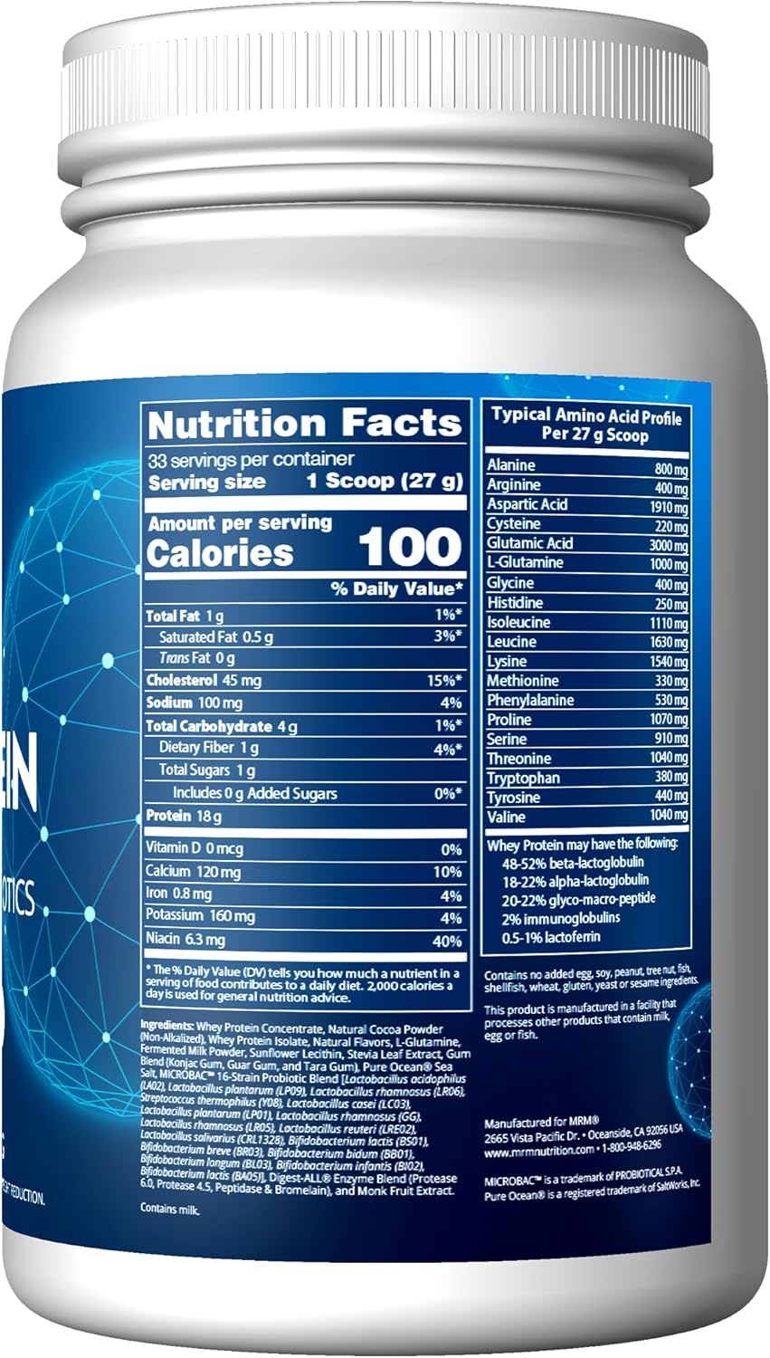 MRM Nutrition Whey Protein | Chocolate Flavored |18g Protein | with 2 Billion probiotics + Digestive enzymes + BCAAs | High Absorption + Digestion | Hormone + antibiotic Free | 33 Servings : Health & Household