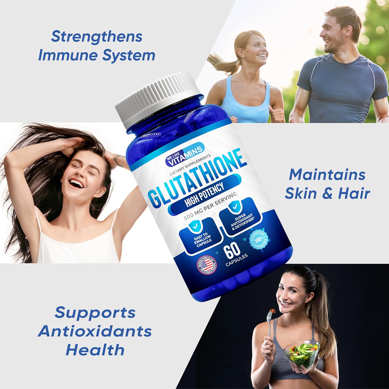 We Like Vitamins Glutathione 500mg Per Serving | Manufactured in USA | 60 Glutathione Capsules | Highly Bioavailable Reduced Glutathione Supplement | Organic L-Glutathione Supplement for Antioxidant : Health & Household