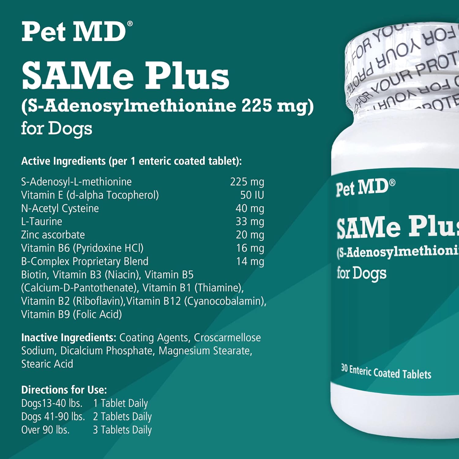 Pet MD SAMe Plus S-Adenosyl for Dogs 225 MG Hepatic Liver Supplement and Cognitive Support - 60 Count : Pet Supplies