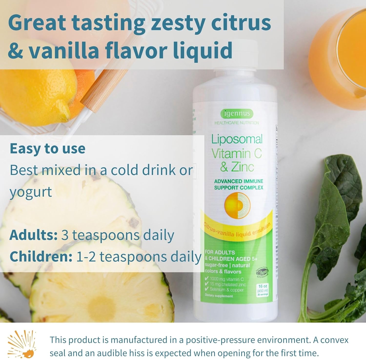 High Absorption Liposomal Vitamin C 1000mg & Zinc Bisglycinate by Igennus, Advanced Liquid Immune Support, USA Made & Non-GMO, Sugar-Free, Zesty Citrus & Vanilla Flavor, 30 Servings : Health & Household