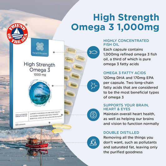 Healthspan High Strength Omega 3 1,000Mg (240 Capsules) | Supports Brain, Eye & Heart Health | 120Mg Dha & 170Mg Epa Per Capsule | Highly Purified To Remove Toxins | Sustainably Sourced Fish Oil