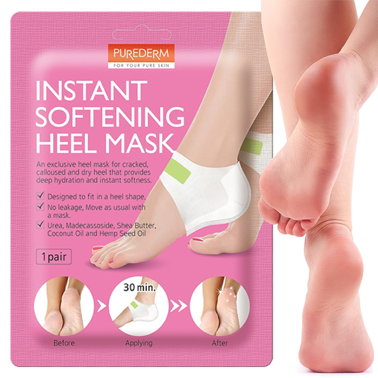 Purederm Instant Softening Heel Mask (1 Pair) – Heel Mask Provides Deep Hydration And Instant Softness