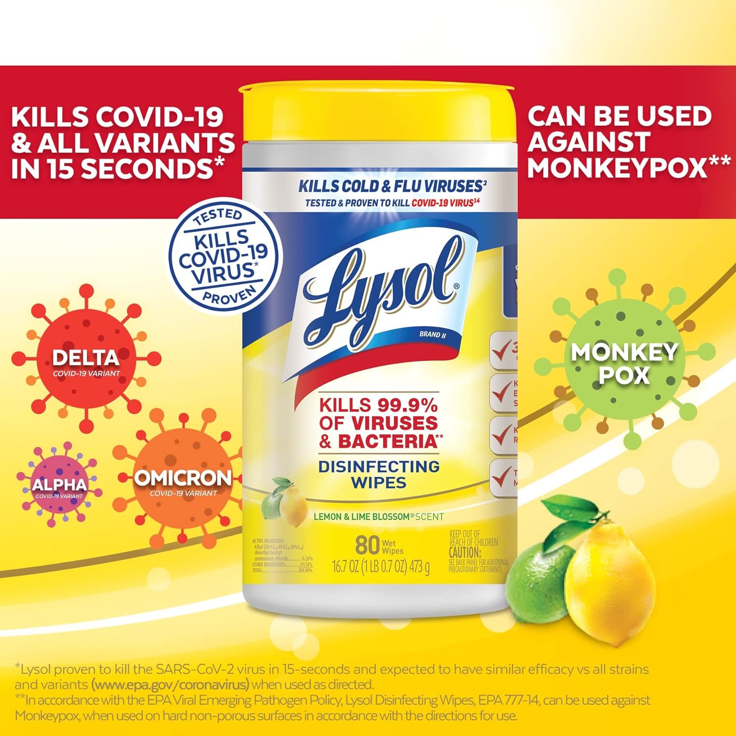 Lysol Disinfectant Wipes, Multi-Surface Antibacterial Cleaning Wipes, For Disinfecting and Cleaning, Lemon and Lime Blossom, 80 Count (Pack of 3) : Health & Household