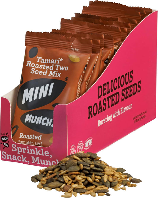 Munchy Seeds Mini Munchy Tamari Roasted Two Seed Mix, Pumpkin Seeds & Sunflower Seeds, Gluten Free Protein Snacks, Nutritious Source Of Vegan Protein, High Fibre Snacks, 12 x 30g Rip & Tip Bags : Amazon.co.uk: Grocery