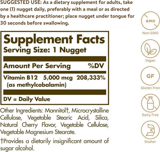 Solgar Methylcobalamin Vitamin B12 5000 mcg Nuggets - Supports Energy, Active B12 Form, Non-GMO, Vegan, Gluten & Dairy Free - 60 Count