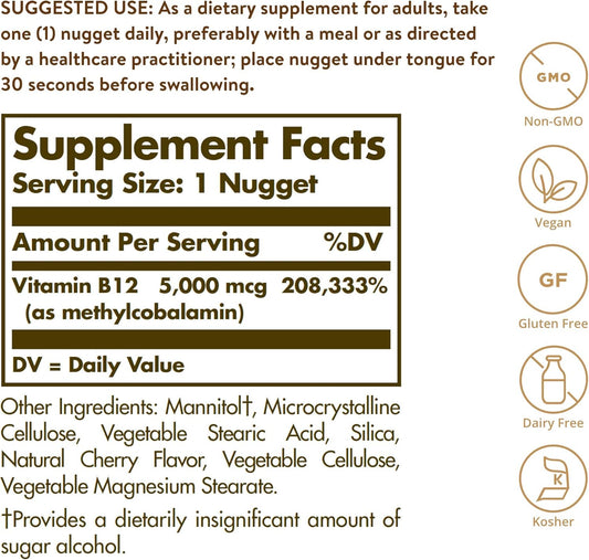 Solgar Methylcobalamin Vitamin B12 5000 Mcg Nuggets - Supports Energy, Active B12 Form, Non-Gmo, Vegan, Gluten & Dairy Free - 60 Count