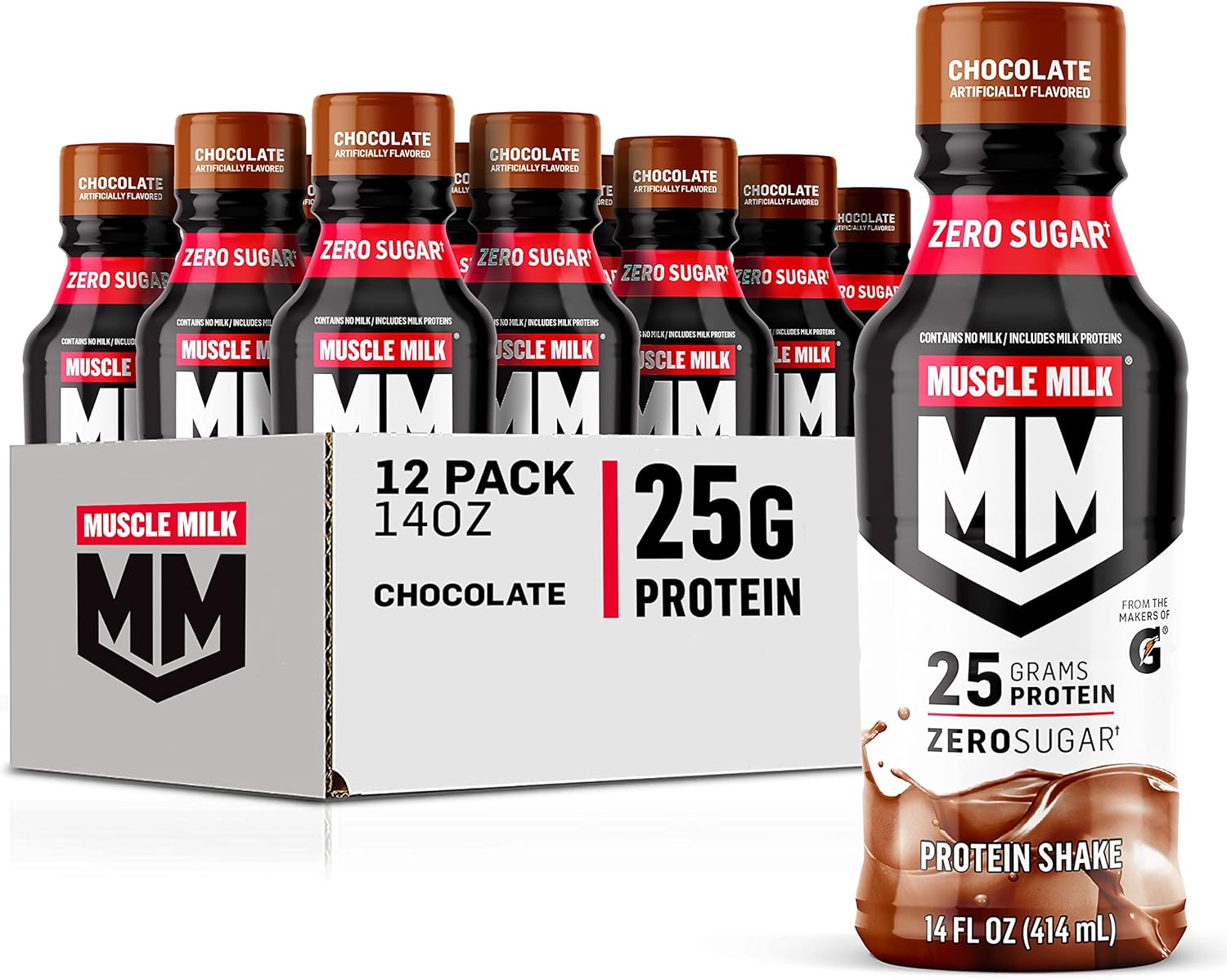 Muscle Milk Genuine Protein Shake, Chocolate, 14 Fl Oz Bottle, 12 Pack, 25G Protein, Zero Sugar, Calcium, Vitamins A, C & D, 6G Fiber, Energizing Snack, Workout Recovery, Packaging May Vary