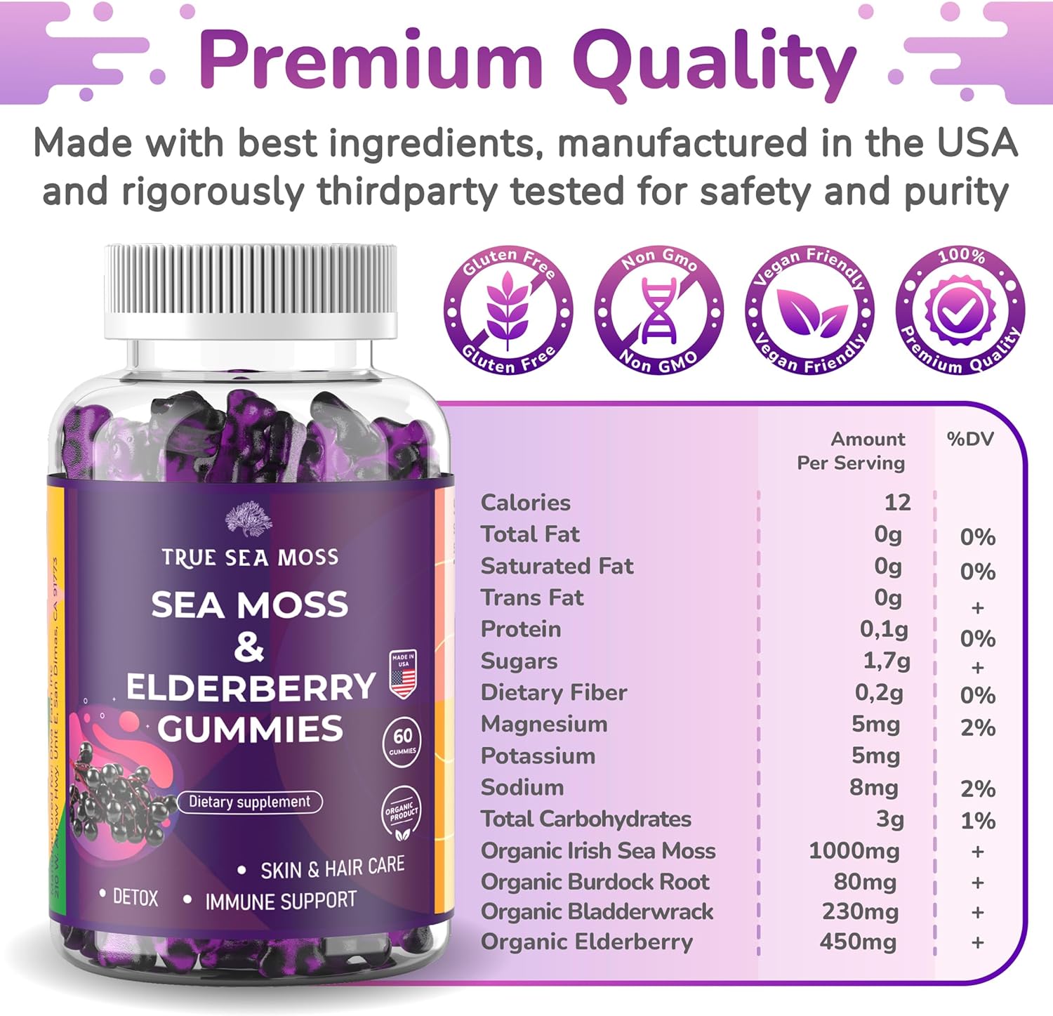 Natural Sea Moss Gummies with Elderberry Contains Irish Sea Moss, Elderberry Extract, Burdock Root, Bladderwrack, 60 pcs Gel Gummies for Thyroid, Immune Support, Energy, Pack of 1 : Health & Household