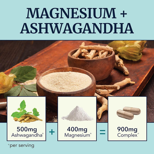 Magnesium Ashwagandha | Calming Magnesium Supplement For Adults | Relax, Rest, Calm Mood & Sleep Support | Mag Citrate & Oxide 400 Mg + Ashwagandha 500 Mg | Muscle Health & Stress Relief | 120 Ct