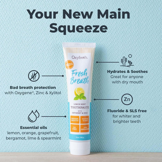 Premium Oxyfresh Maximum Fresh Breath Lemon Mint Toothpaste - Clean Teeth & Fresh Breath - Natural Essential Oils & Natural Xylitol To Help Fight Tartar - Sls & Fluoride Free, 3-5Oz