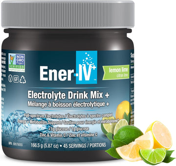 Ener-Iv Electrolyte Hydration & Energy Drink Mix Potassium Zinc & Vitamin C Electrolytes Powder - Muscle Recovery & Immunity Sports Drinks For Women & Men, Low Sugar Non-Gmo - Lemon Lime - 45 Servings