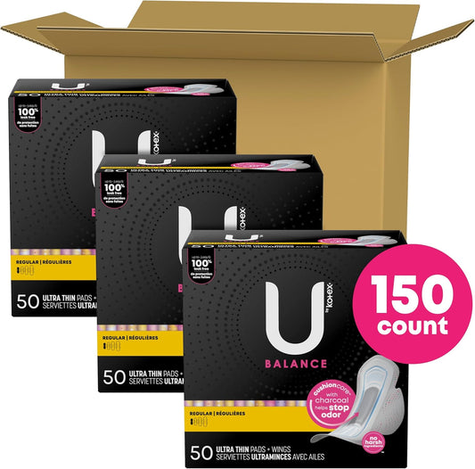 U By Kotex Balance Ultra Thin Pads With Wings, Regular Absorbency, 150 Count (3 Packs Of 50) (Packaging May Vary)