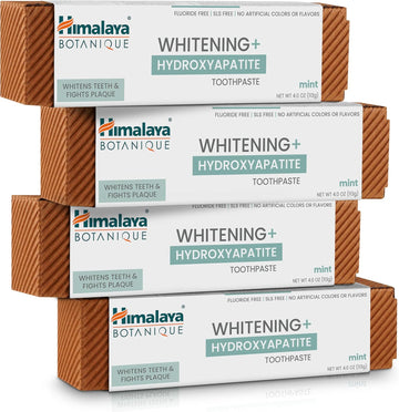 Himalaya Botanique Whitening + Hydroxyapatite Toothpaste For Whiter Teeth & Fresher Breath, Fights Plaque With Hydroxyapatite Support & Mint Flavor, Fluoride Free, Sls Free, & Vegan, 4.0 Oz, 4 Pack