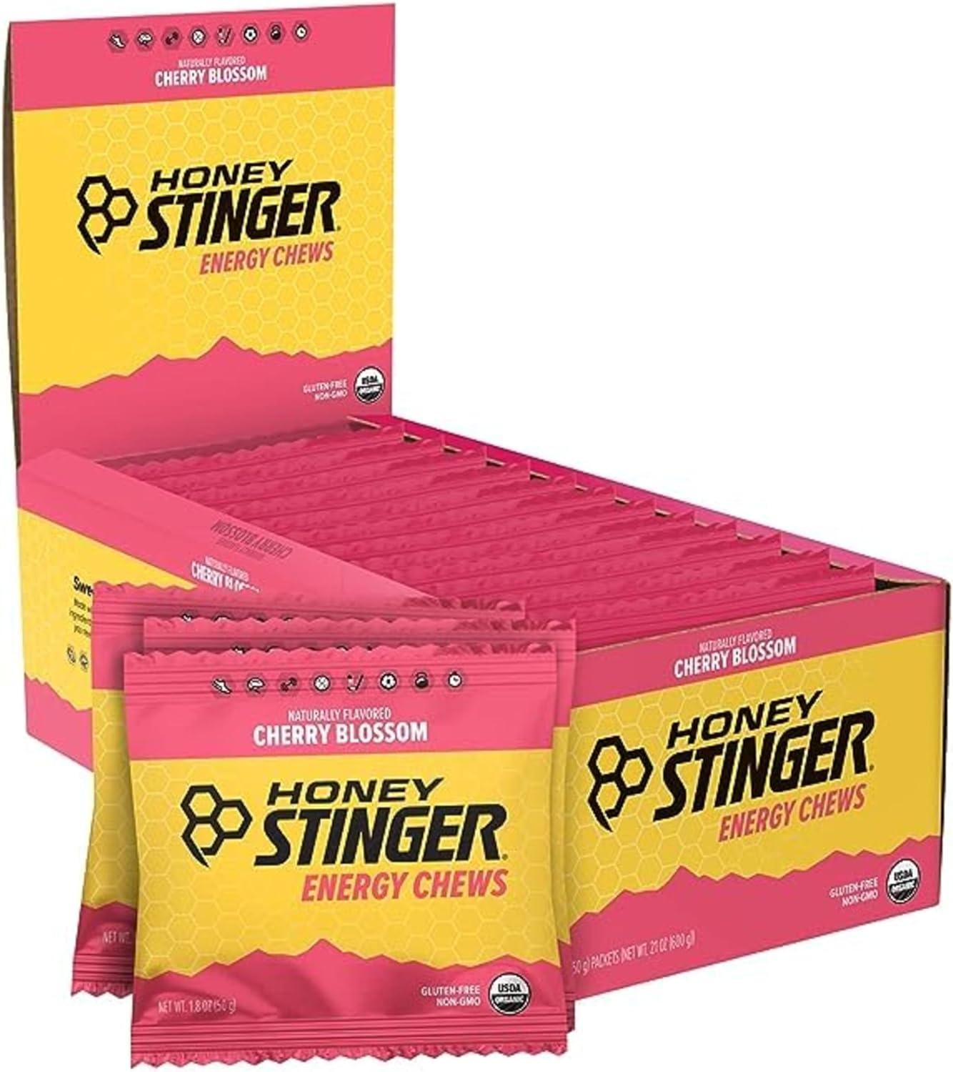 Honey Stinger Organic Cherry Blossom Energy Chew | Gluten Free & Caffeine Free | For Exercise, Running And Performance | Sports Nutrition For Home & Gym, Pre And Mid Workout | 12 Pack, 21.6 Ounce