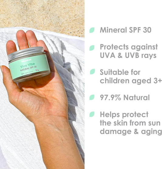 WildMint Viva Vibe Natural SPF 30 | Zinc Oxide Mineral Sunscreen Broad Spectrum UVA & UVB Protection | For Sensitive Skin Sun Protection | For Kids 3+ | UK Made Vegan & Cruelty-Free Skincare | 50ml