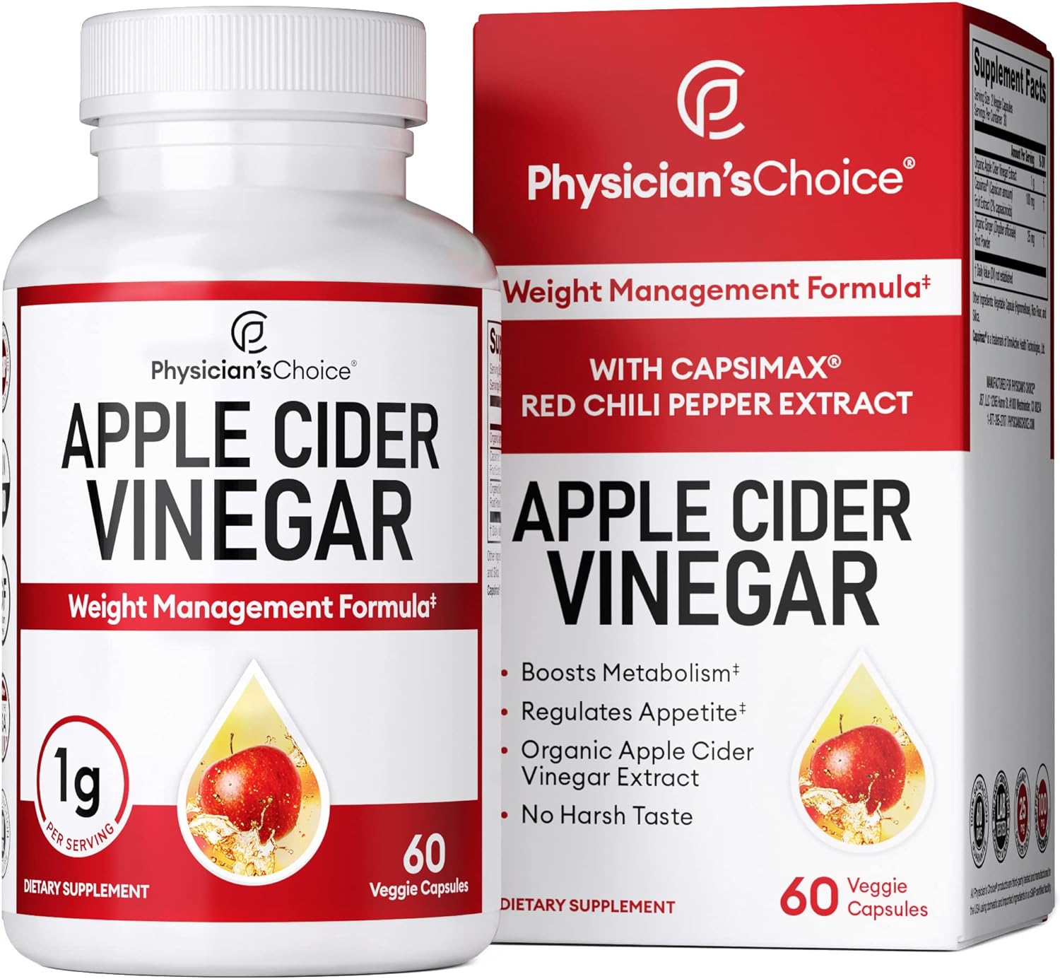 Organic Apple Cider Vinegar Capsules - Weight Loss Support (W/ Patented Capsimax ), Weight Management for Women & Men, Promotes Appetite Management, Metabolism Support, 60 Apple Cider Vinegar Pills