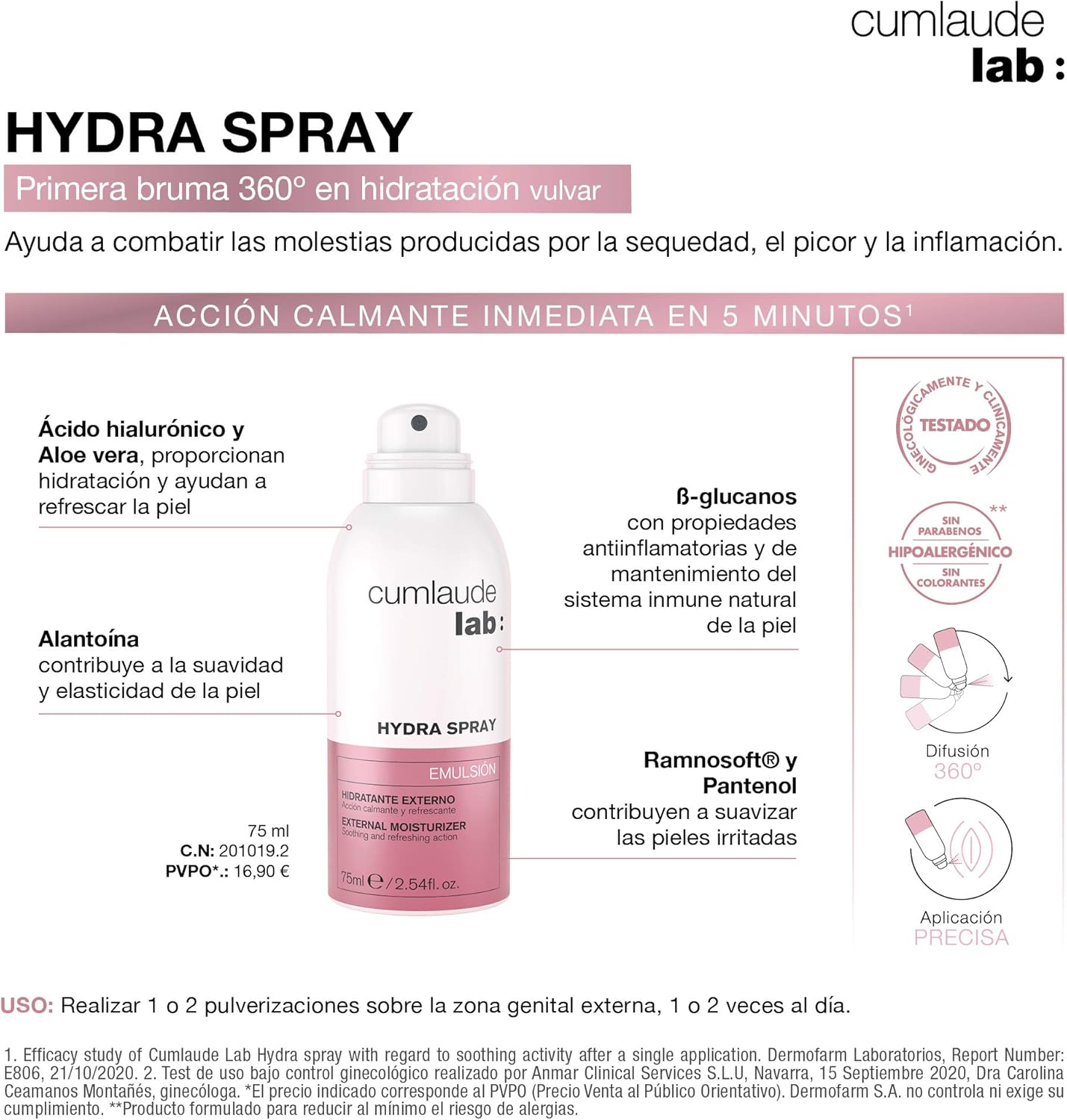 Cumlaude Lab Hydra Spray - Bruma Vulvar Hidratante, Calmante Y Refrescante En 5 Segundos, With Ácido Hialurónico Y Aloe Vera Para Sequedad, Picor O Inflamación De La Zona Genital Externa - 75 Ml