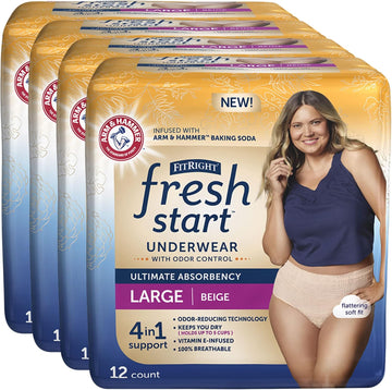 Fitright Fresh Start Urinary And Postpartum Incontinence Underwear For Women, Large, Beige, Ultimate Absorbency, With The Odor-Control Power Of Arm & Hammer Baking Soda (48 Count, 4 Packs Of 12)