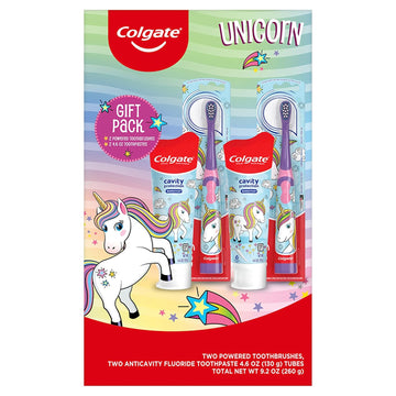 Colgate Kids Toothbrush Set With Unicorn Gift Set, 2 Battery Toothbrushes And 2 Toothpastes