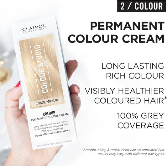 Clairol Colour Studio Permanent Colour Cream | Hair Dye | Long-Lasting Rich Tones | 100% Grey Coverage | Dermatologically Tested Vegan Formula | Hair Colouring Kit | Cool Porcelain 11/1 I 50Ml