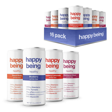 Happy Being Nutrient Rich Organic White Tea Sampler Pack –: Blueberry, Blackberry Citrus, Raspberry Lemonade, Peach Rose -Infused With Turmeric,Elderberry, Vitamin D3, |16 Cans(4 Flavors)