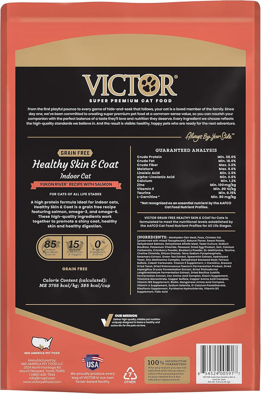 Victor Super Premium Cat Food – Grain Free Healthy Skin & Coat - Dry Cat Food For Indoor Cats – Yukon River Recipe – All Breeds And All Life Stages From Kitten To Adult, 5Lb