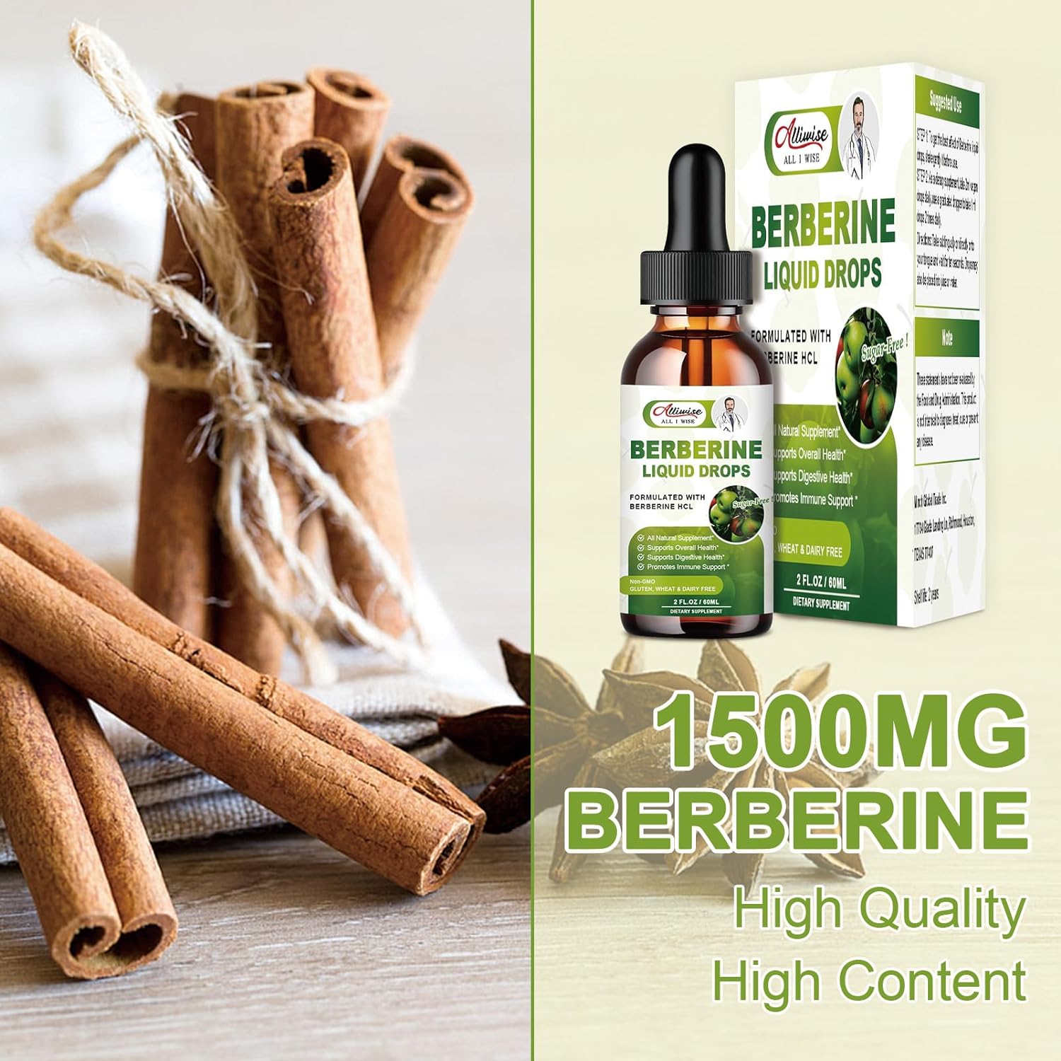 2 Pack Organic Berberine Supplement Liquid Drops - Premium Berberine HCL 1500mg with Pure Ceylon Cinnamon-7 in 1 Natural Ingredients - Supports Immune System & Digestive System-2 Fl Oz : Health & Household