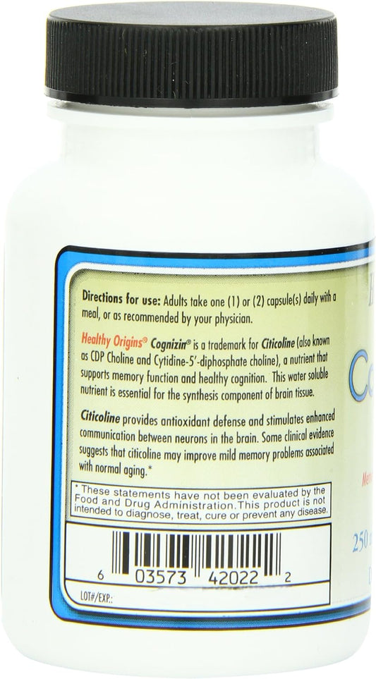 Healthy Origins Cognizin (Citicoline), 250 mg - Brain Supplement for Memory with Citicoline CDP Choline - Non-GMO, Vegan & Gluten-Free Supplement - 30 Veggie Capsules