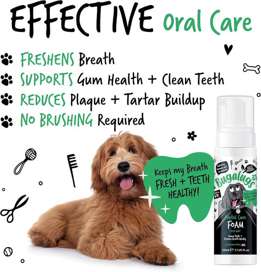 BUGALUGS Dog Breath Freshener Dental Care Foam. Clean Teeth, Healthy Gums & Fresh Breath - Natural Dog plaque remover & tartar remover for teeth - No Brushing Needed (Dog 210ml Foam)?BDENFAM210