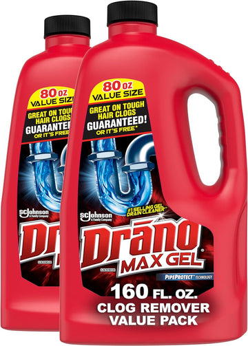 Drano Max Gel Drain Clog Remover and Cleaner for Shower or Sink Drains, Unclogs and Removes Hair, Soap Scum and Blockages, 80 Oz, Pack of 2