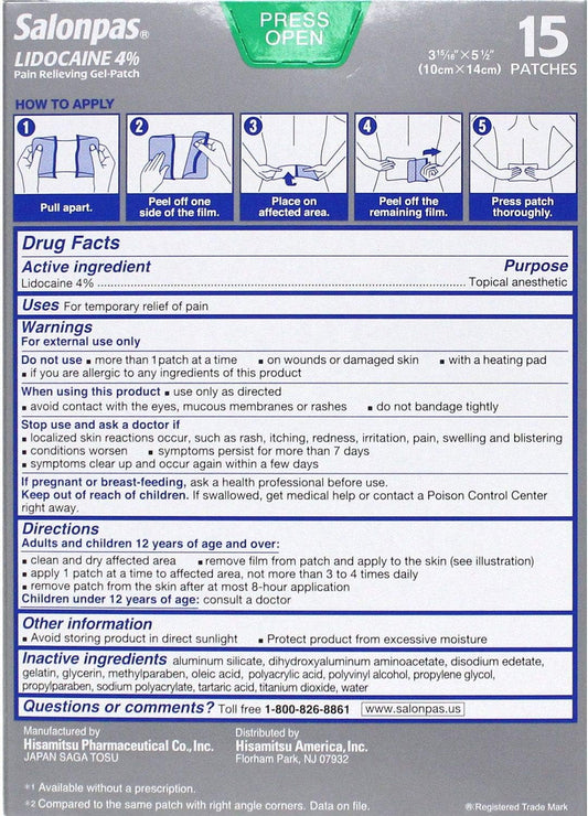 Salonpas Lidocaine Gel-Patch (15 Count) (2 Pack) : Health & Household