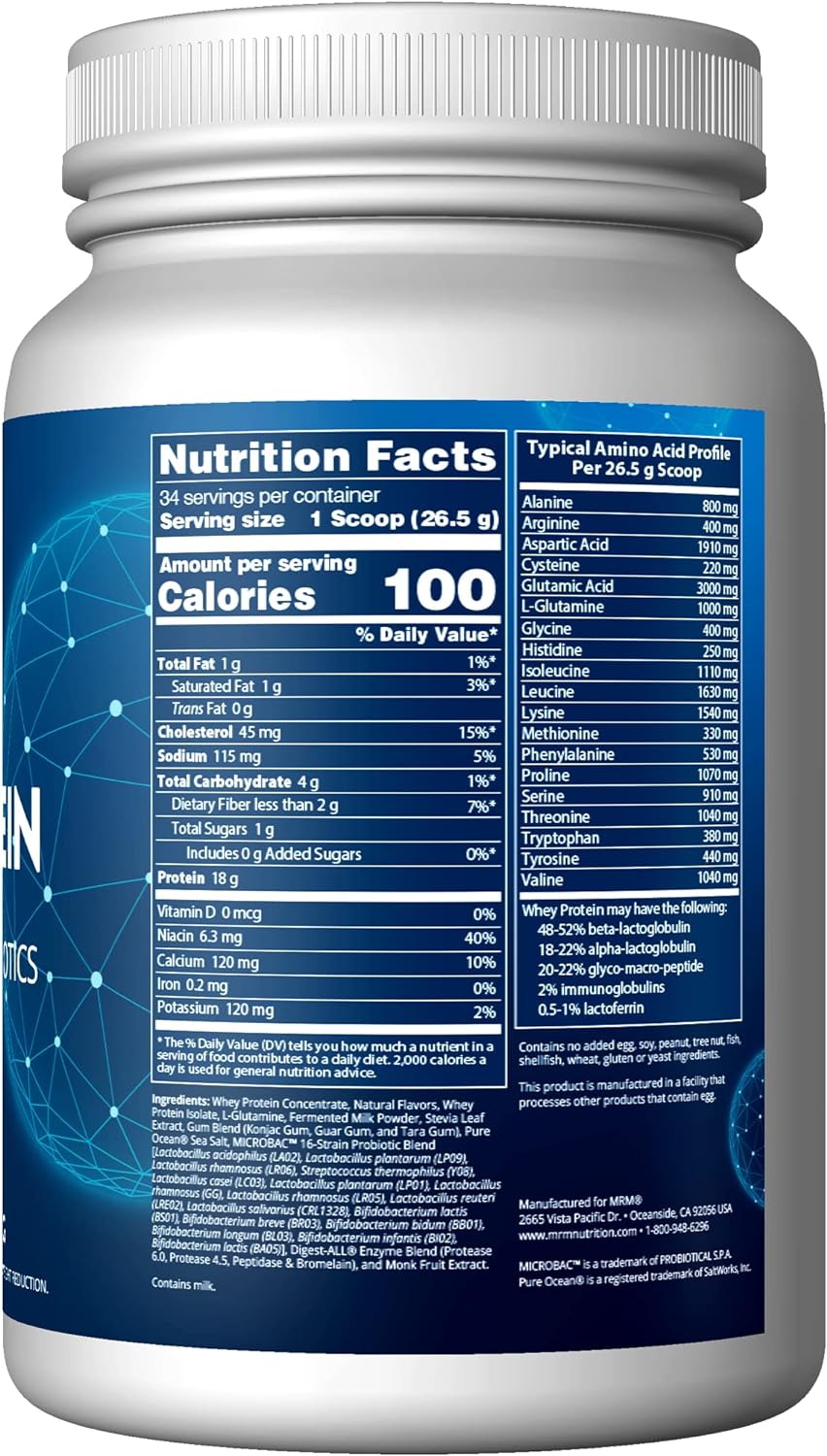 MRM Nutrition Whey Protein | Vanilla Flavored |18g Protein | with 2 Billion probiotics + Digestive enzymes + BCAAs | High Absorption + Digestion | Hormone + antibiotic Free | 33 Servings