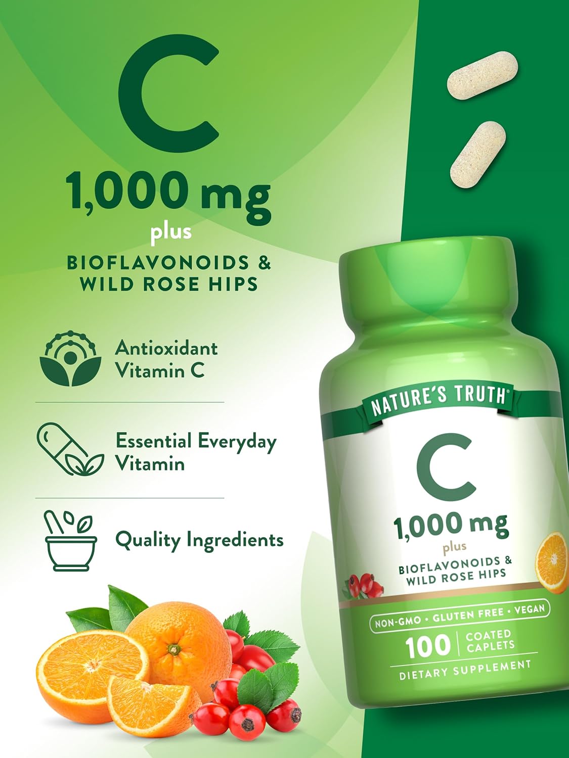 Vitamin C Bioflavonoids & Rose Hips | 1000mg | 100 Caplets | Vegetarian, Non-GMO, Gluten Free | by Nature's Truth : Health & Household