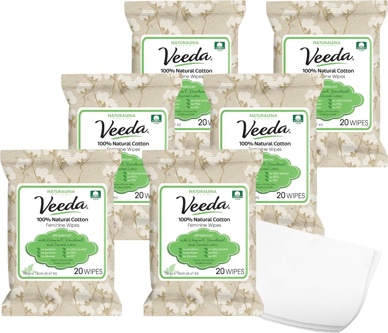 Veeda 100% Natural Cotton Feminine Wipes - Unscented Wet Wipes for Women - Safe Cleansing Cloths for Sensitive Skin - pH balanced & Hypoallergenic - 20 Count (Pack of 6)