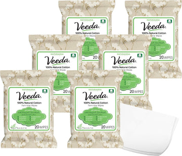 Veeda 100% Natural Cotton Feminine Wipes - Unscented Wet Wipes for Women - Safe Cleansing Cloths for Sensitive Skin - pH balanced & Hypoallergenic - 20 Count (Pack of 6)