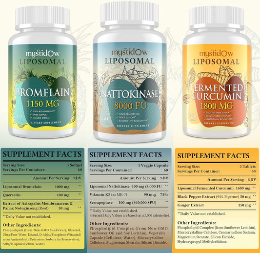 Spike Support Trio | Liposomal Nattokinase 8000 Fu 500Mg, Bromelain 1150 Mg & Fermented Curcumin 1800 Mg | High Potency, Enhanced Absorption Formula | For Immune, Heart & Circulation | 60 Day Supply