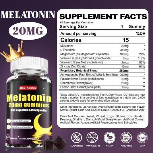 Melatonin Gummies 20Mg For Women Men: Sugar Free Chewable Supplement With Zinc L-Theanine Ashwagandha Magnesium Lemon Balm And Chamomile - Maximum Strength For Adults Natural Berry Flavor(60Count)