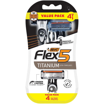BIC Flex 5 Titanium 5-Blade Disposable Razor for Men, Sensitive Skin Razor For a Smooth, Comfortable and Close Shave, 4 Piece Razor Set