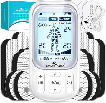 Easy@Home Electronic TENS Unit: Pain Relief Therapy - EMS Pulse Massager Rechargeable Machine - Dual Channel 24 Modes 20 Intensities 16 Pads TENS and Powered Muscle Stimulator EHE020