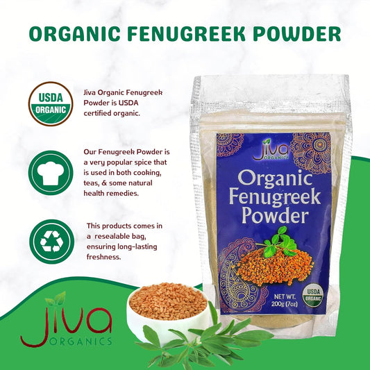 Jiva Organic Fenugreek Powder 7 Ounce Bag - Non-GMO, Vegan, USDA Certified - For Hair Growth, Cooking & More - Trigonella foenum graecum | Methi Powder | From Organic Fenugreek Seeds