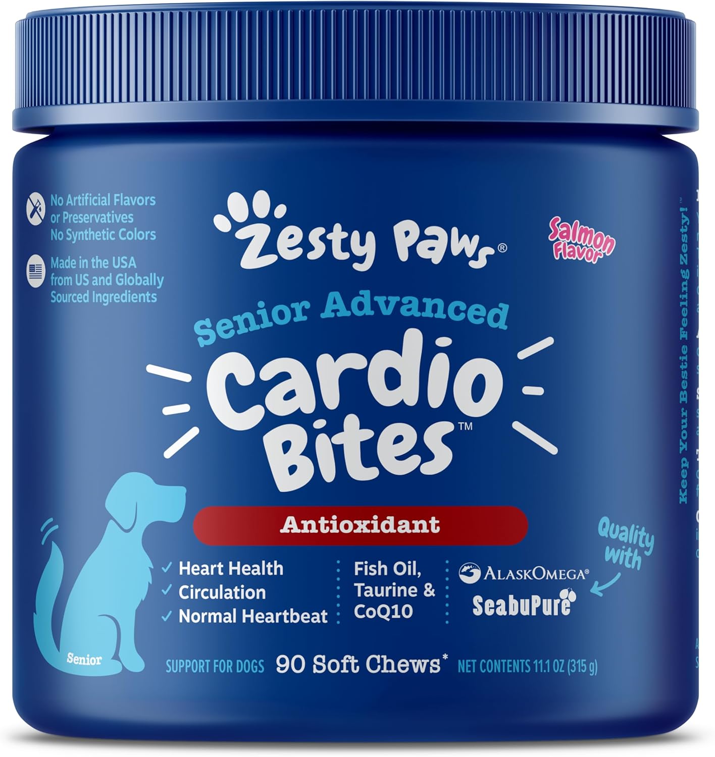 Zesty Paws Cardiovascular Support For Dogs - Taurine For Dogs, Coq10 For Dogs, L Carnitine & Sea Buckthorn For Senior Dog Heart Health - Alaskomega Fish Oil Omega 3 - Senior - Salmon - 90 Count