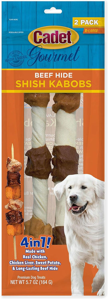 Cadet Gourmet X-Large Triple-Flavored Beef Hide Shish Kabob Dog Treats - Healthy & Natural Chicken, Liver, & Sweet Potato Dog Treats for Dogs Over 30 lbs., 10 in. (2 Count)