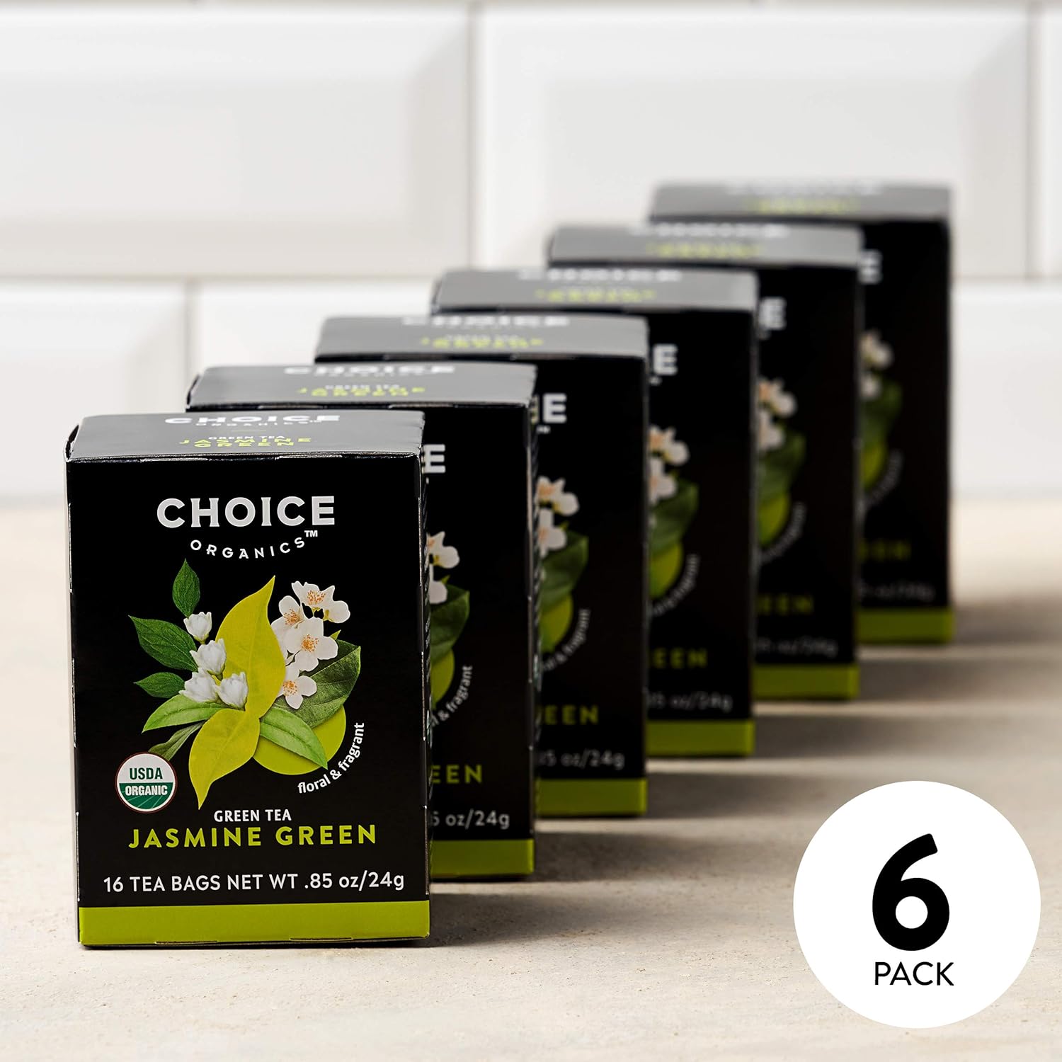 Choice Organics - Organic Jasmine Green Tea (6 Pack) - Green Tea Scented With Jasmine Blossoms - Fair Trade - Compostable - Contains Caffeine - 96 Organic Green Tea Bags