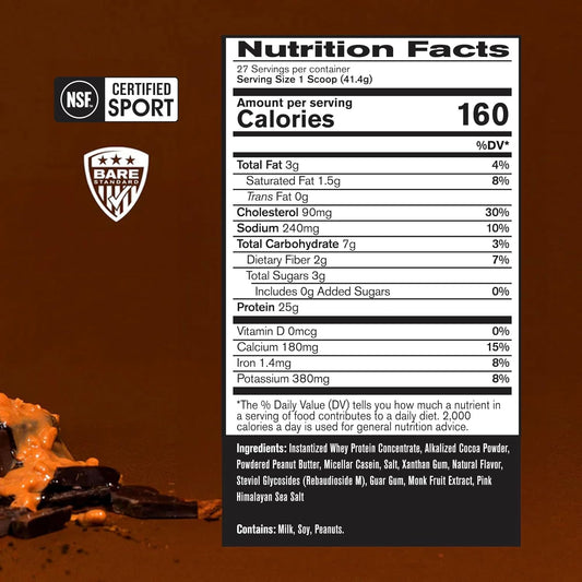 Bare Performance Nutrition, Bpn Whey Protein + Casein Protein Powder Blend, Chocolate Peanut Butter, 25G Protein Per Serving Supports Lean Muscle Recovery, 27 Servings, Third Party Tested