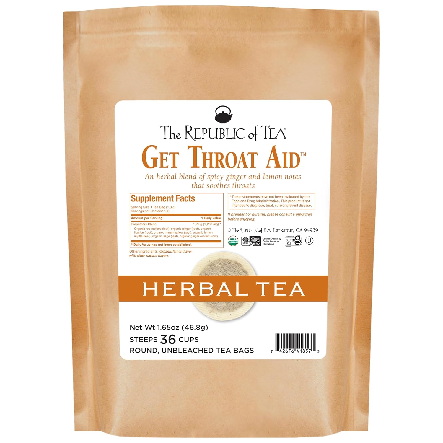 The Republic Of Tea — Organic Get Throat Aid Herb Tea, 36 Tea Bags Refill, Naturally Caffeine Free Be Well Tea